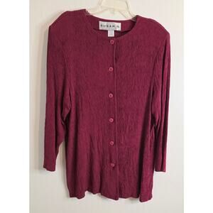 Susan G Long Sleeve Button Up Shirt Women's 1X (18W-20W) Burgandy Plisse Crinkle